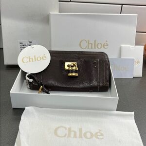 New Chloé Brown Leather Wallet with Gold Accents